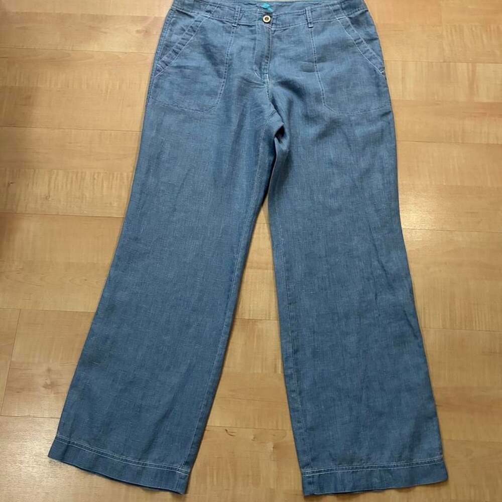 Tommy Bahama Linen Wide Leg Pants Size 12 Blue Chambray Beach Resortwear